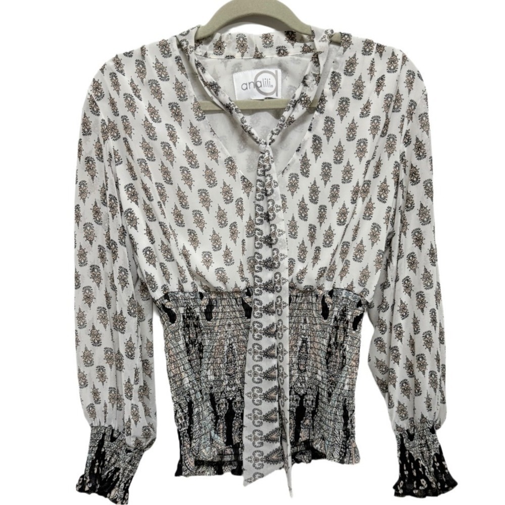 Analili Boho Print Smocked Blouse Size Small – Tie Neck & Flowy Sleeves